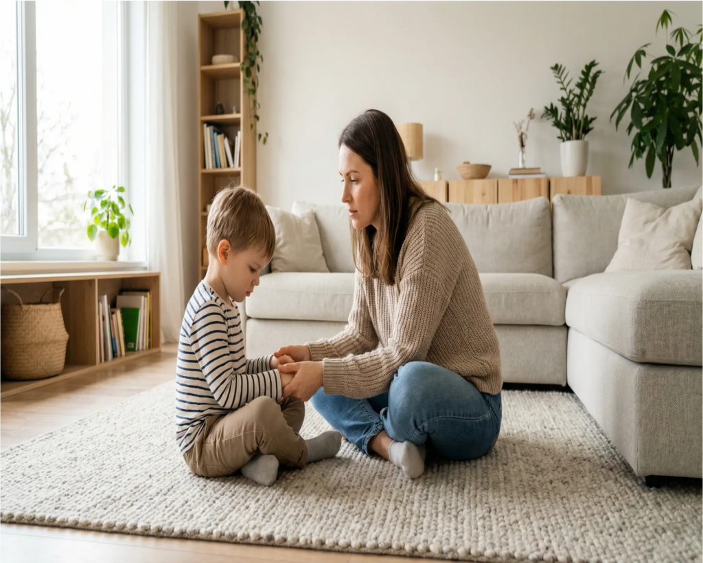 Calm confident mother setting gentle firm boundary with child