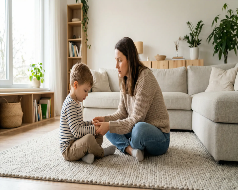 Calm confident mother setting gentle firm boundary with child